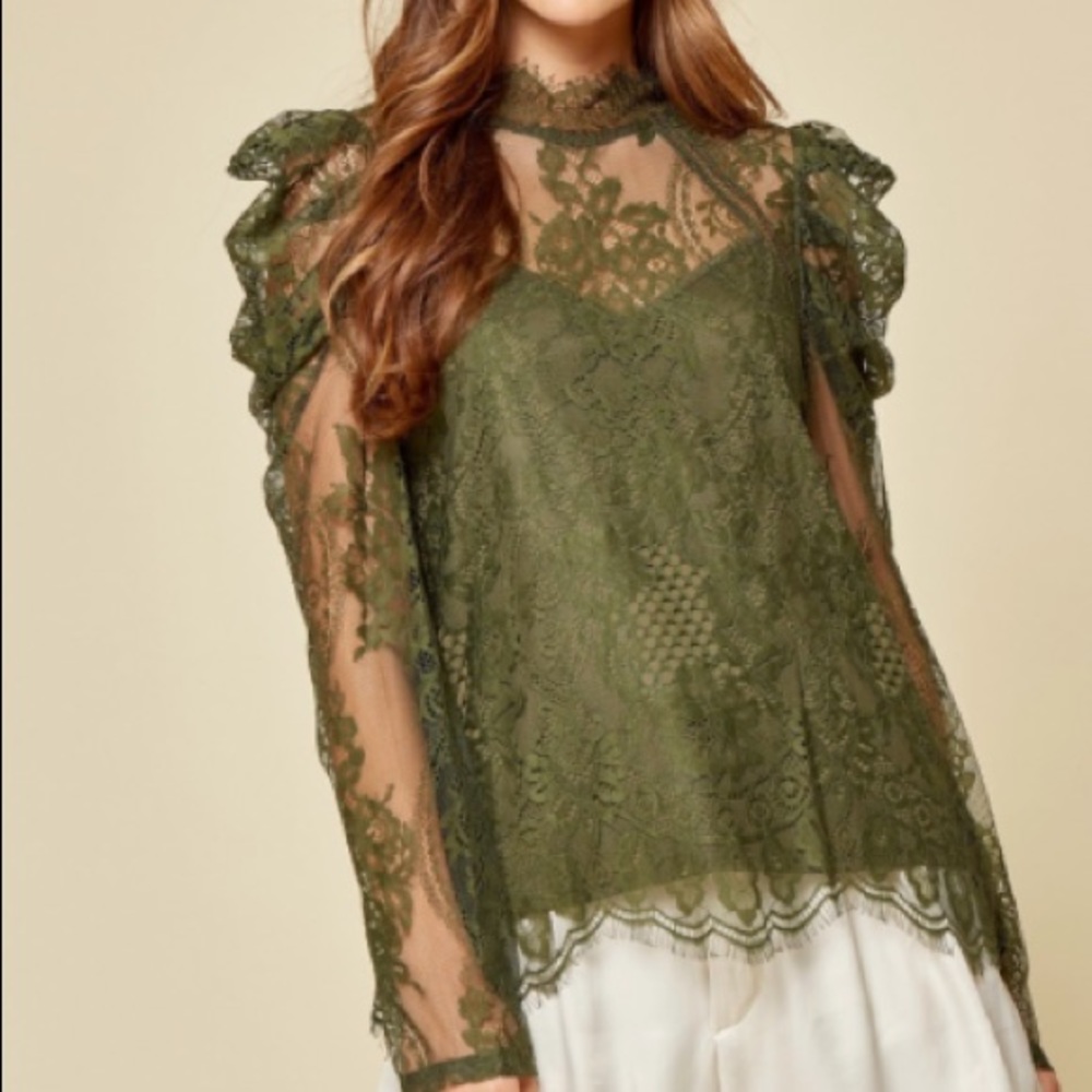Lace blouse in olive green. Dramatic shoulder and high-neck.